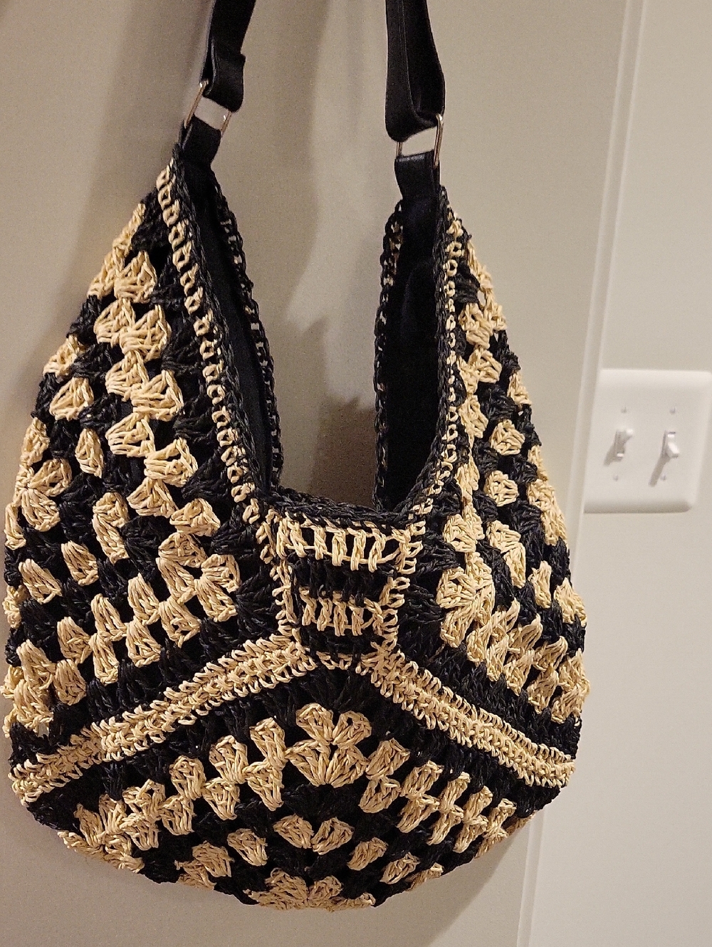 Black and Natural Crochet Hobo Bag - Unbranded